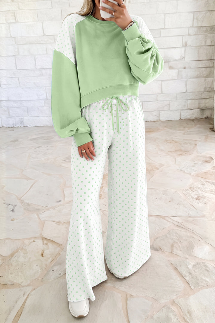 Khaki Polka Dot Patchwork Colorblock Long Sleeve Casual Two Piece Pants Set