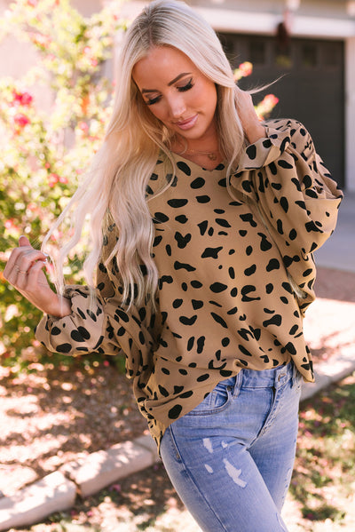 Leopard V Neck Ruffled Cuffs Loose Blouse