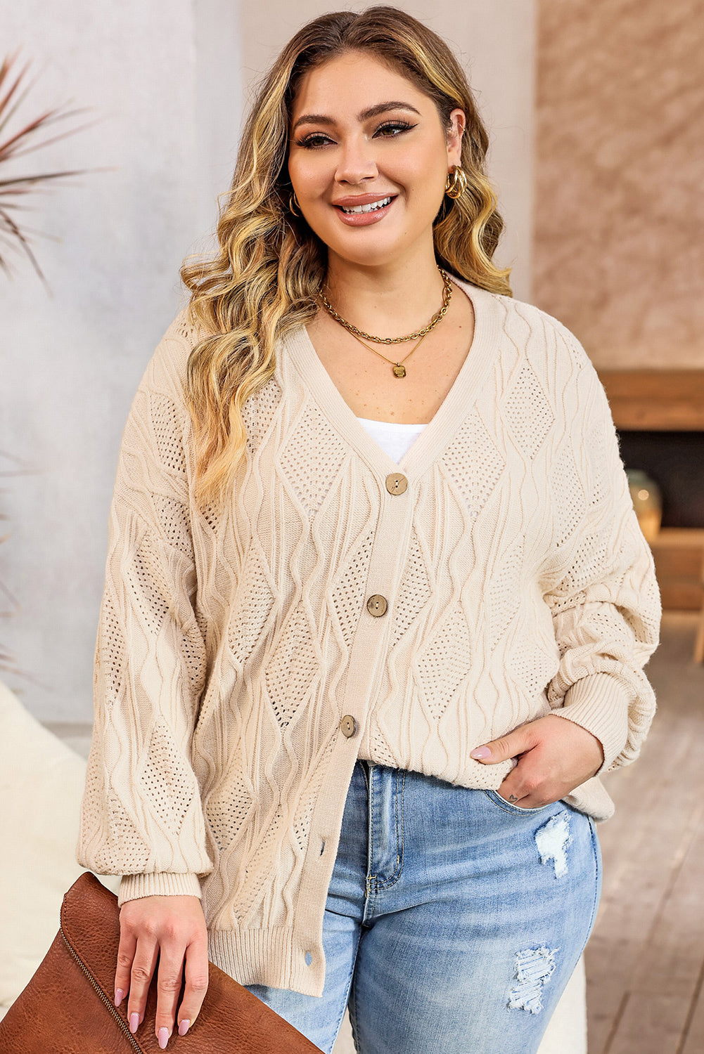 Black Plus Size Knitted Hollow out Button up Cardigan