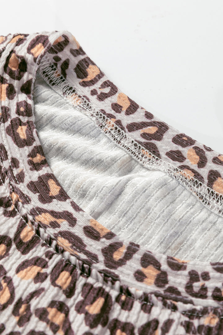 Khaki Leopard Ribbed Long Sleeve Top Drawstring Shorts 2pcs Outfit