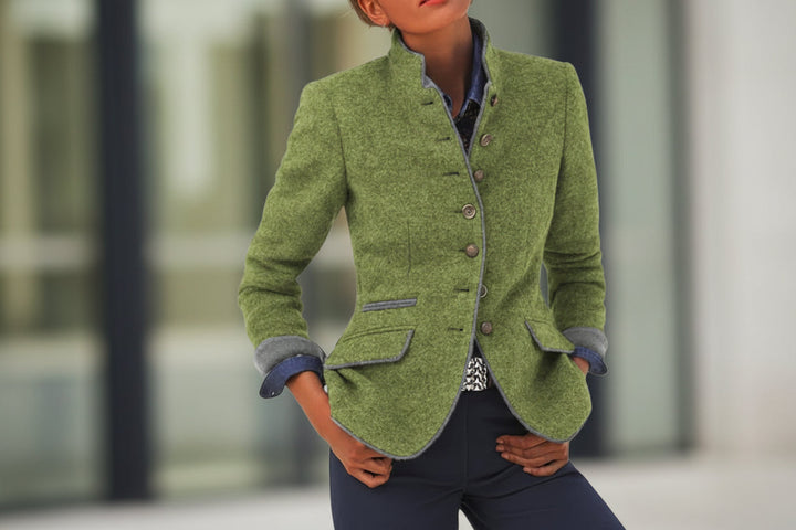 Women’s Color-Block Woolen Jacket – Multi-Button Casual Elegant Coat