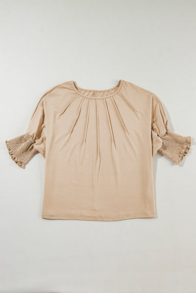 Apricot Plain Pleated Shirred Cuff Half Sleeve Top