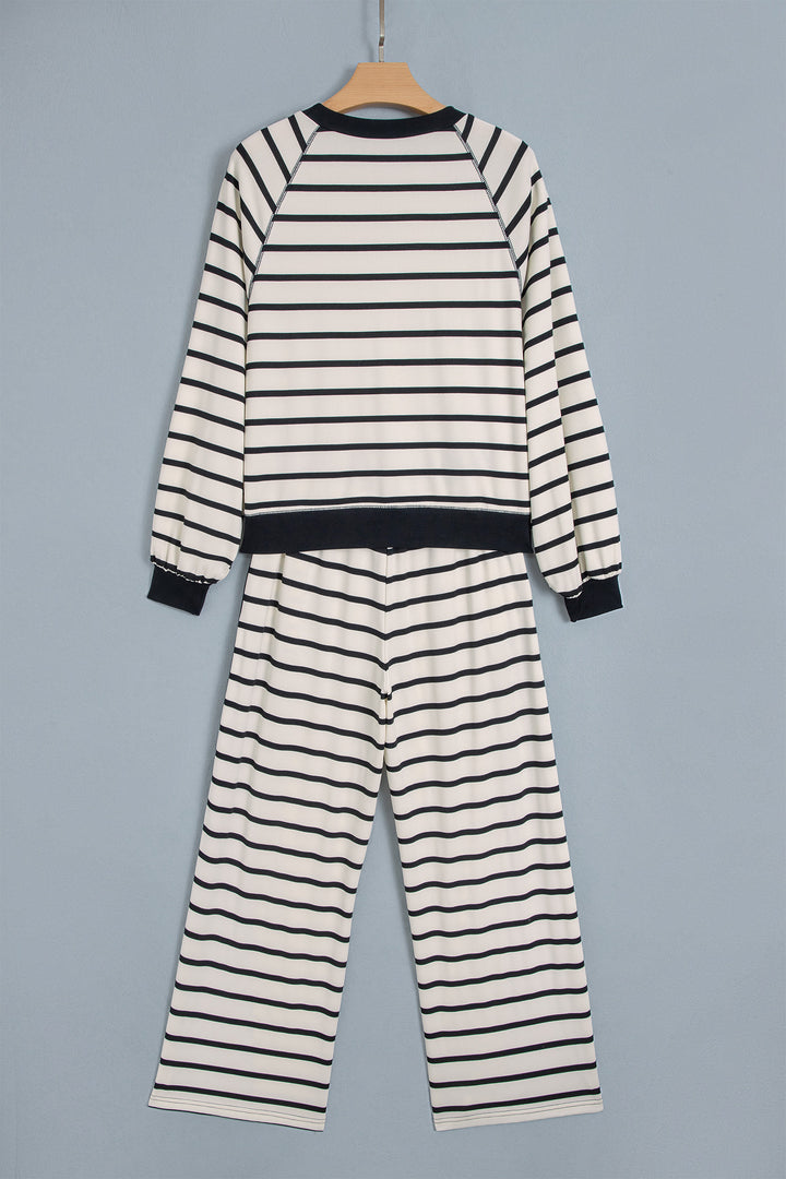 Beige Stripe Relaxed Long Sleeve Top Color Block Detail Drawstring Pant Set