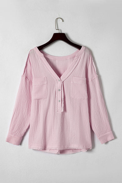 Pink Crinkle Long Sleeve Distressed Split Henley Top