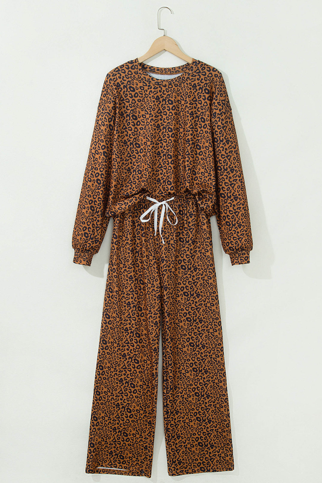 Brown Leopard Print Long Sleeve Top Relaxed Pant Set