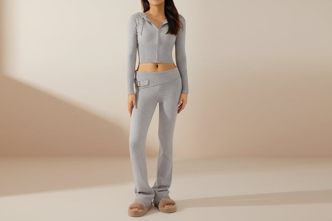 Women’s Knitted Hooded Two-Piece Set – Cardigan &amp; High-Waisted Pants Suit