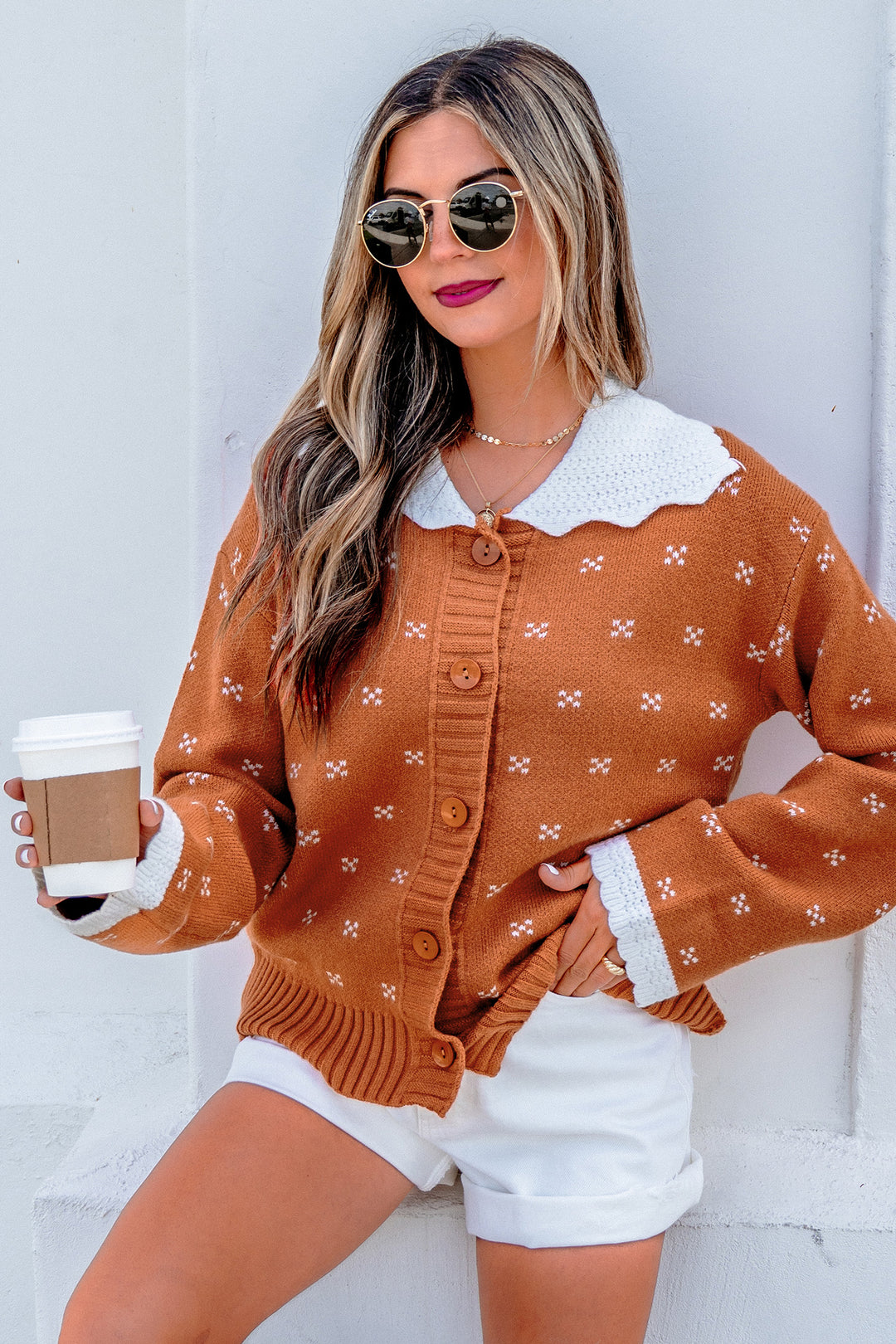 Russet Orange Peter Pan Collar Colorblock Long Sleeve Knitwear Cardigan