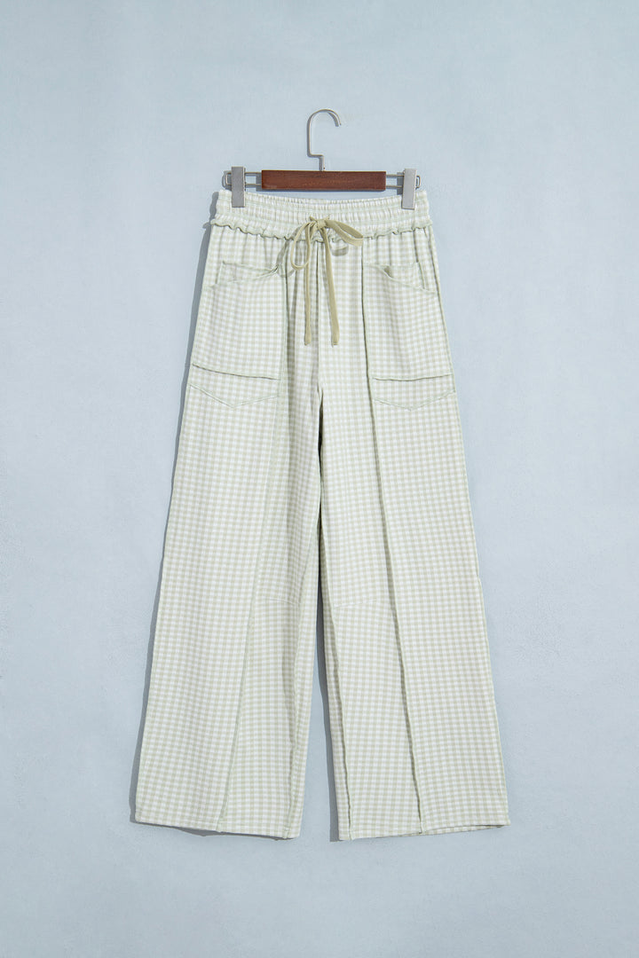 Green Plaid Contrast Trim Drawstring Elastic Waist Shift Pants