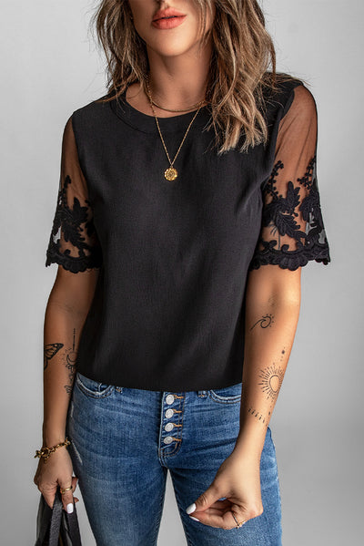 Black Floral Lace Sleeve Patchwork Top