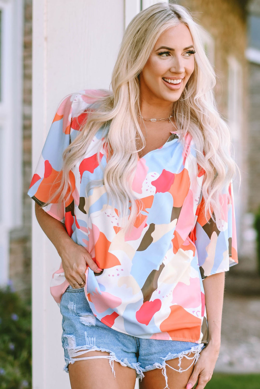 Multicolor Floral Print V Neck Half Sleeve Blouse