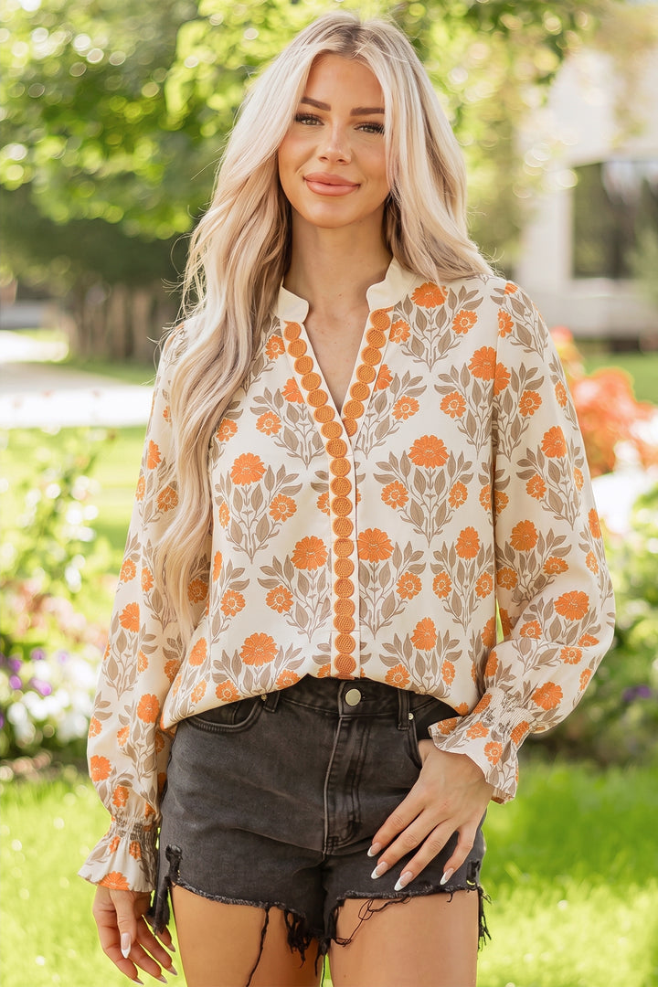 Orange Floral Print Contrast Detail V Neck Long Sleeve Blouse