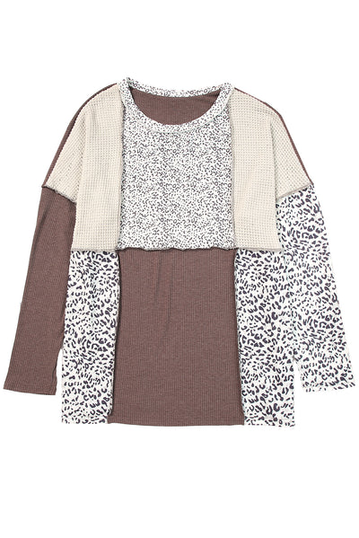 Leopard Colorblock Textured Knit Patchwork Top