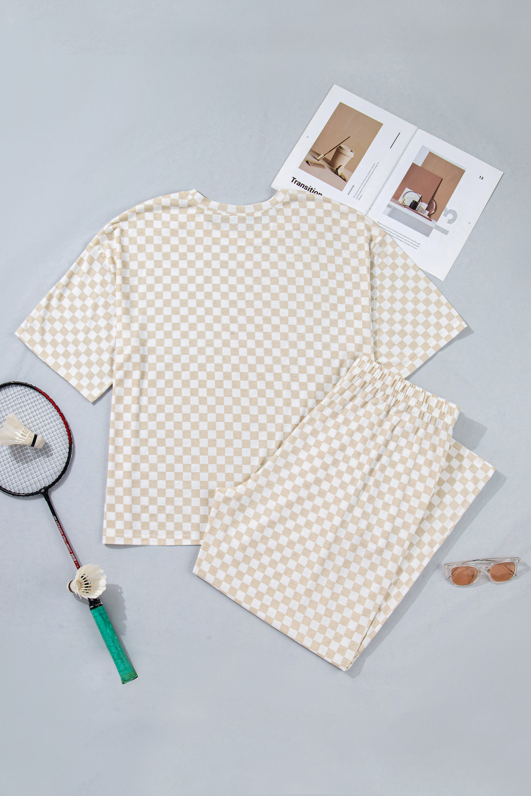 Khaki Plus Size Checkered Print Half Sleeve Tee Loose Pants Two-piece Lounge Set