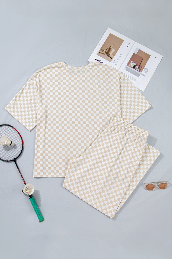 Khaki Plus Size Checkered Print Half Sleeve Tee Loose Pants Two-piece Lounge Set