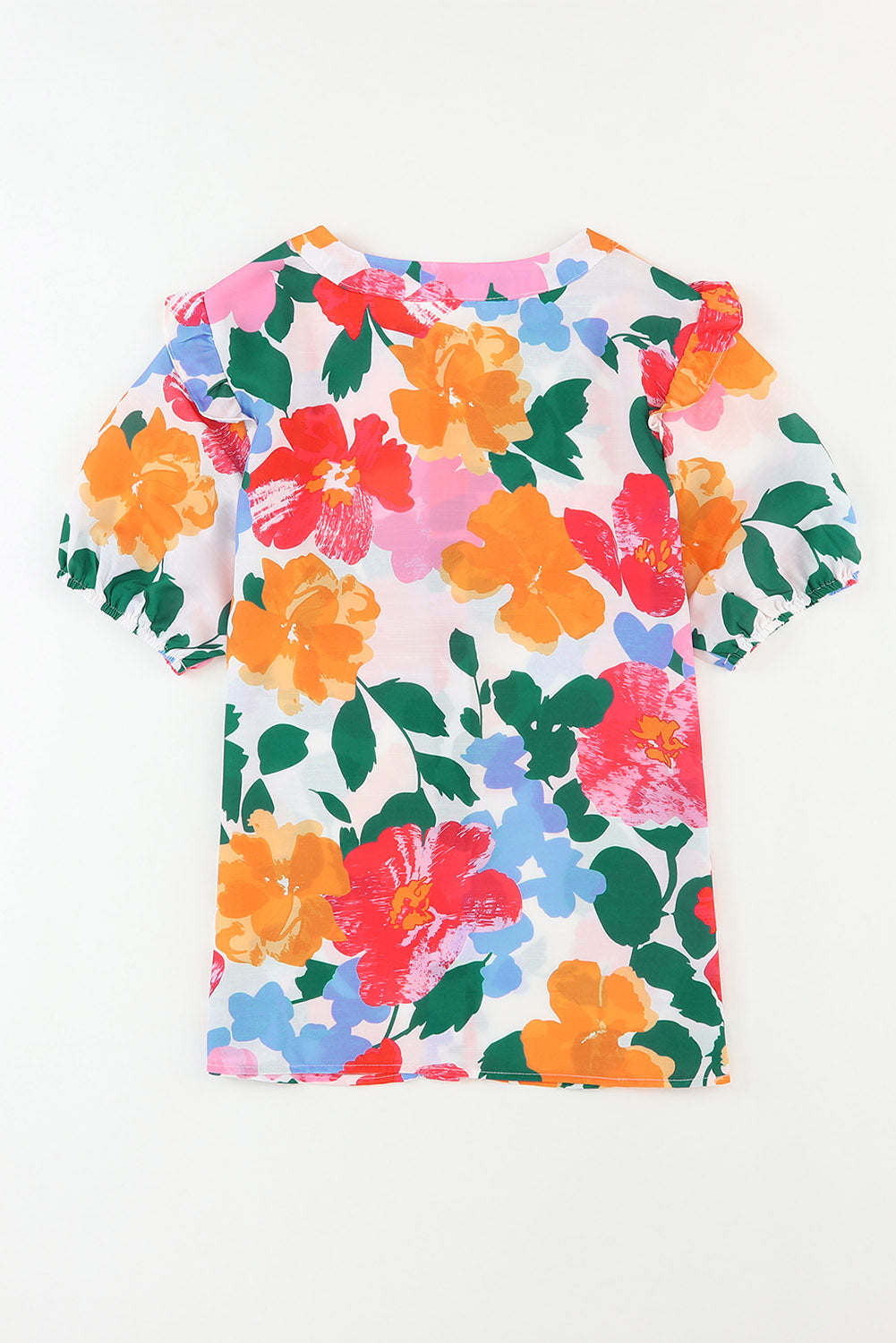 Multicolor Floral Print Ruffle Trim Puff Sleeve Shirt