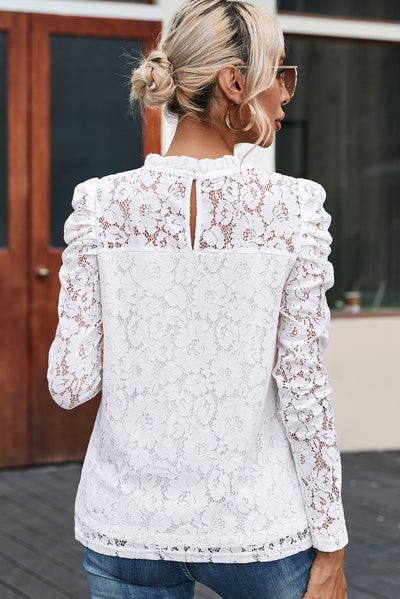 White Floral Lace Mock Neck Puff Long Sleeve Top