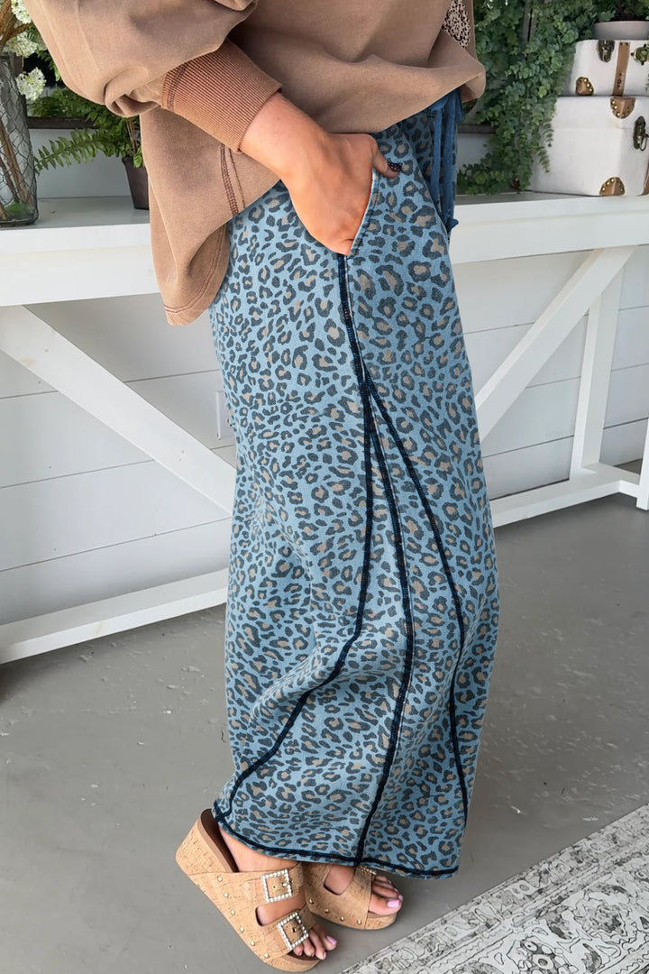 Blue Leopard Print Exposed Seam Detail Wide Leg Drawstring Jeans