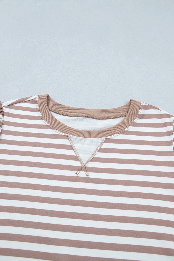 Orange Stripe Ribbed Trim Round Neck Short Puff Sleeve Plus T Shirt