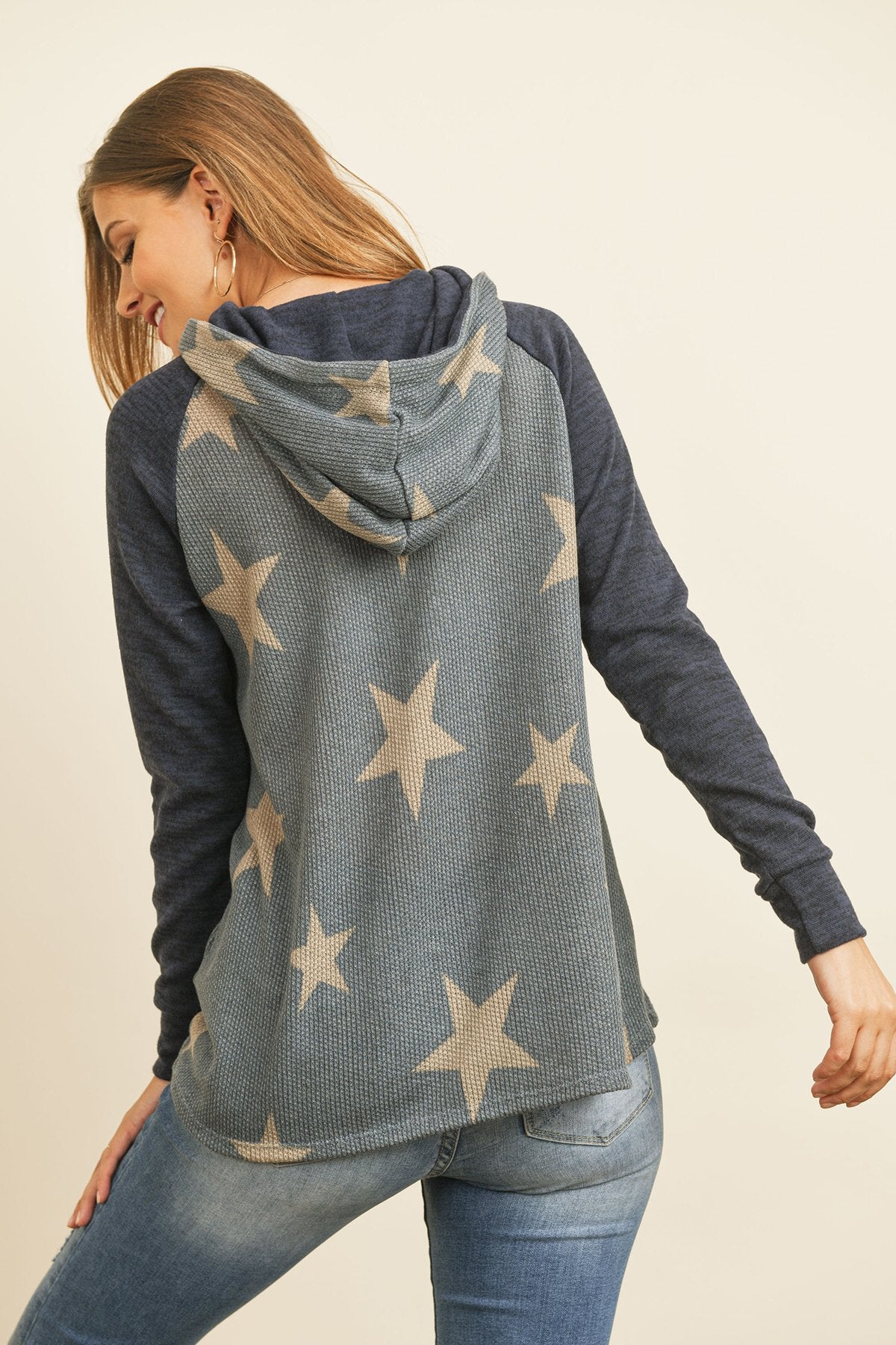 Brushed Hacci Sleeve Rib Detail Star Print Hoodie With Drawstring