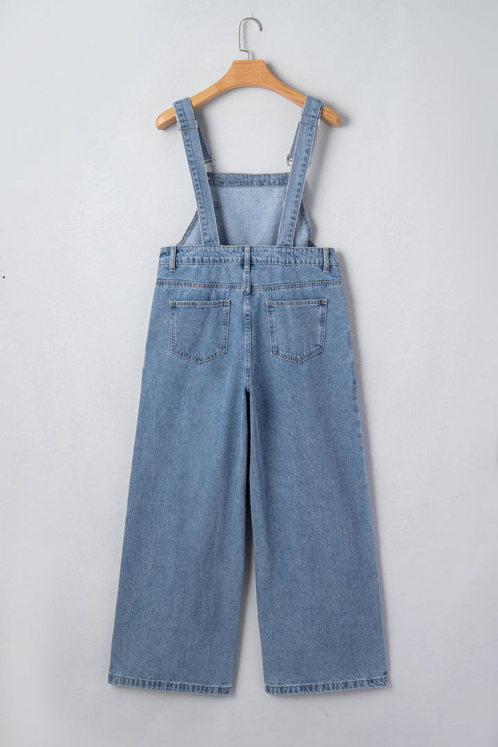 Dusk Blue Pleated Wide Leg Retro Pocketed Denim Jumpsuit