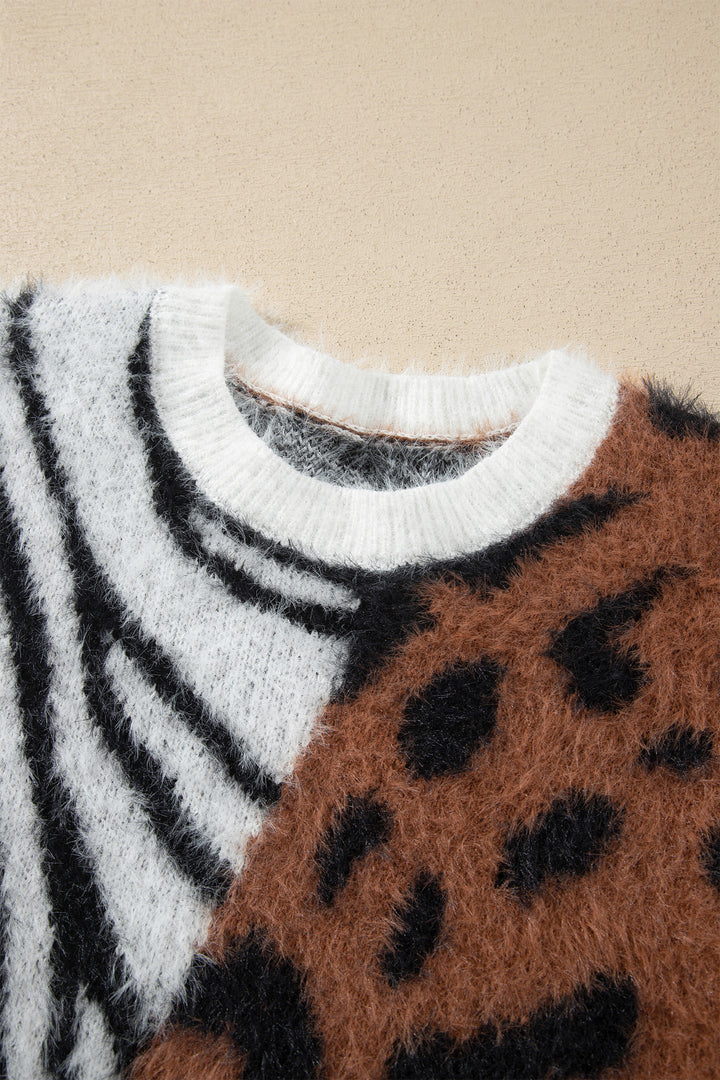 Coffee Western Leopard Zebra Print Long Sleeve Round Neck Sweater