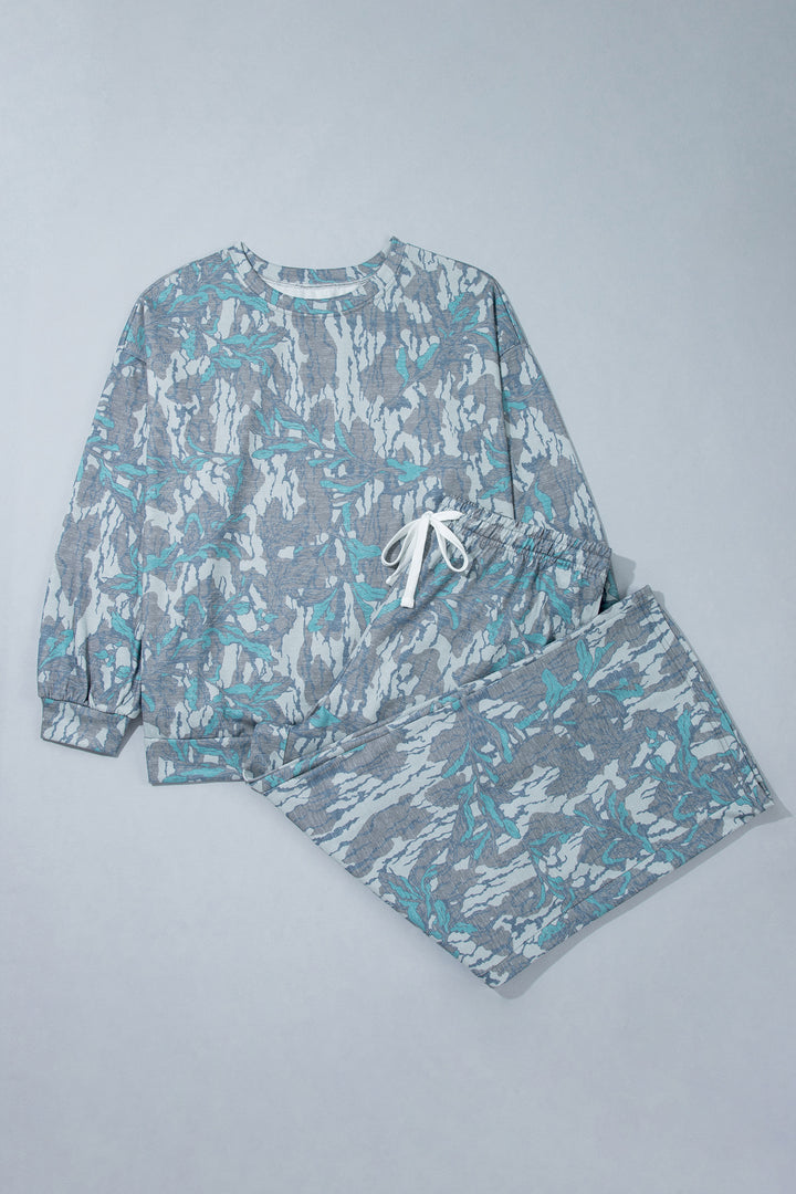 Multicolour Abstract Botanical Print Plus Size Pullover Drawstring Pants Set