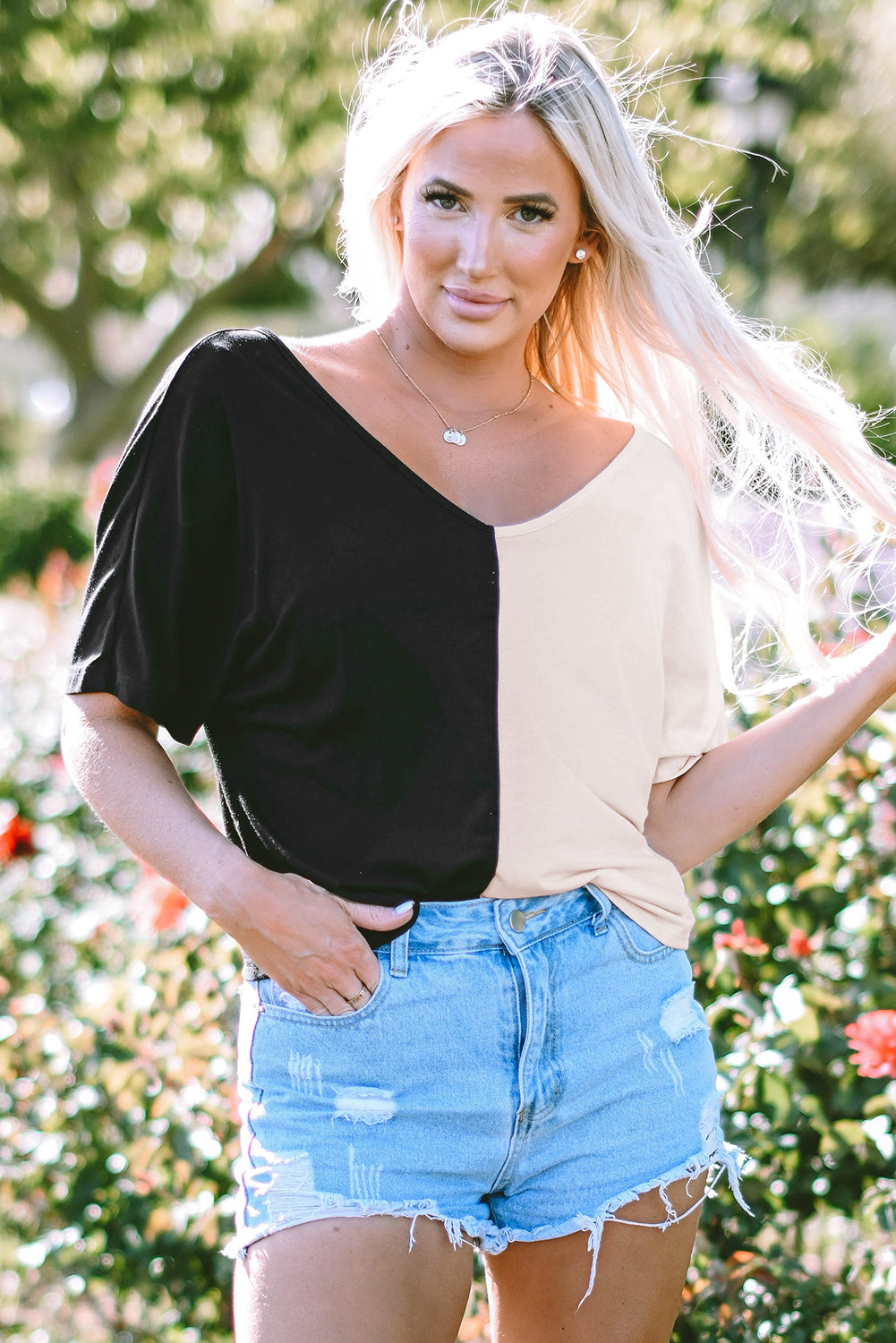 Black Plunging Twist Back Color Block Short Sleeve Top