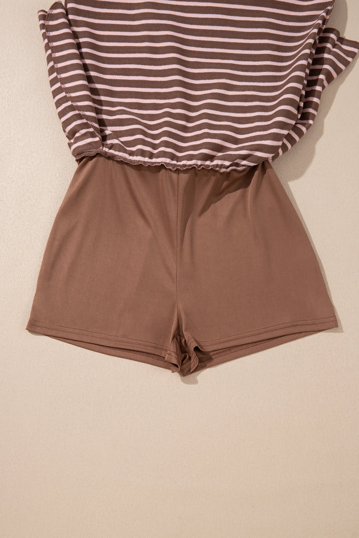 Brown Stripe Striped Drawstring Waist Long Sleeve Top Mini Skort Set