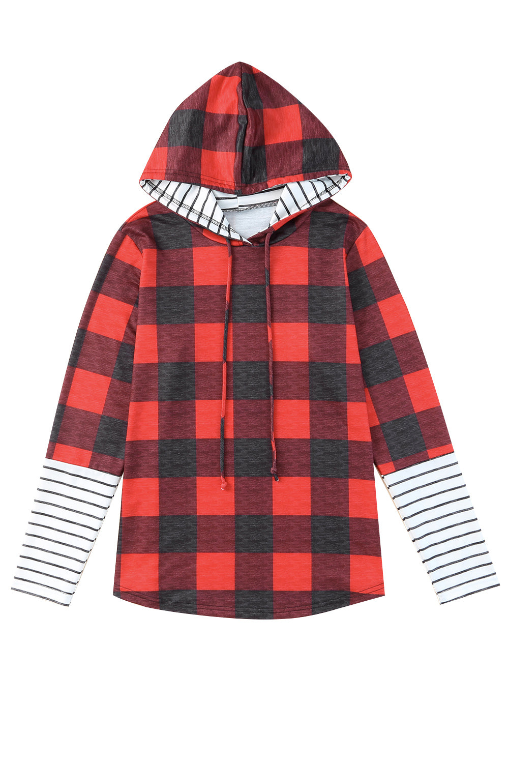 Fiery Red Christmas Plaid Striped Patchwork Drawstring Hoodie