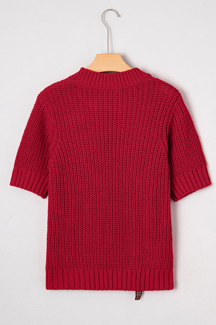 Fiery Red Plaid Lace up Detail Christmas Holiday Puff Short Sleeve Sweater