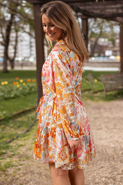 Yellow Ruffled Buttoned Knotted High Waist Floral Mini Dress