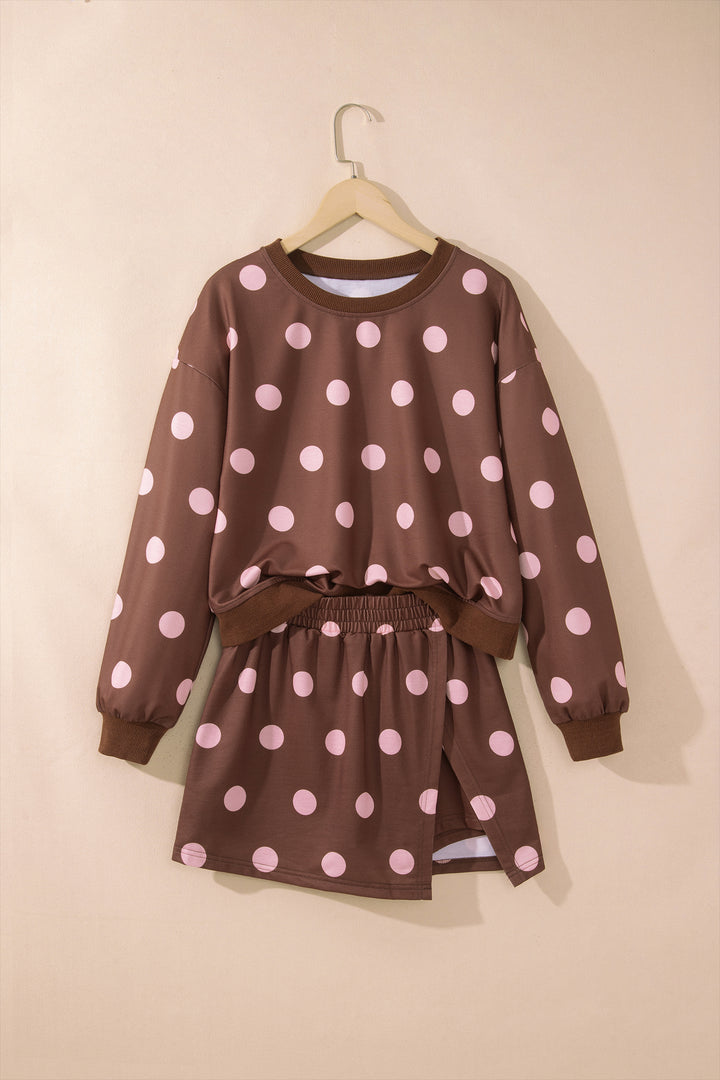 Brown Polka Dot Two Piece Set Long Sleeve Casual Skirt Set