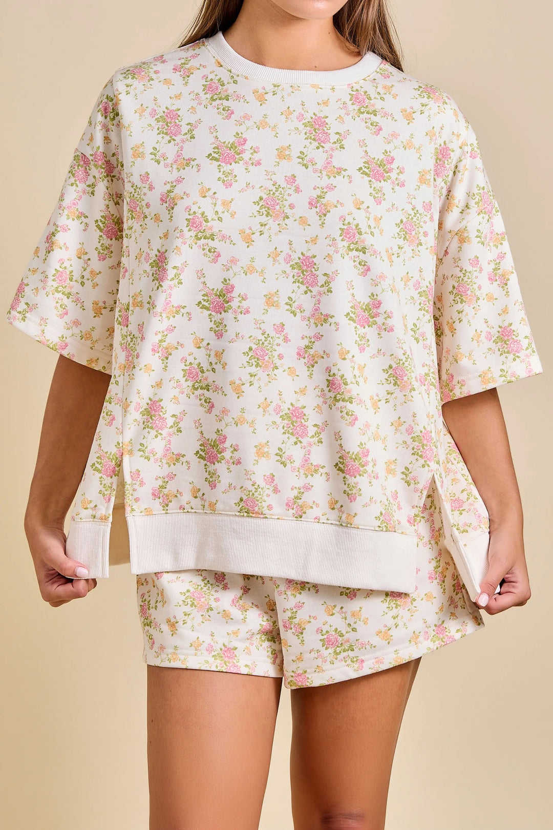 Sky Blue Floral Print Short Sleeve Elastic Waist Pocket Casual Two Piece Short Sets