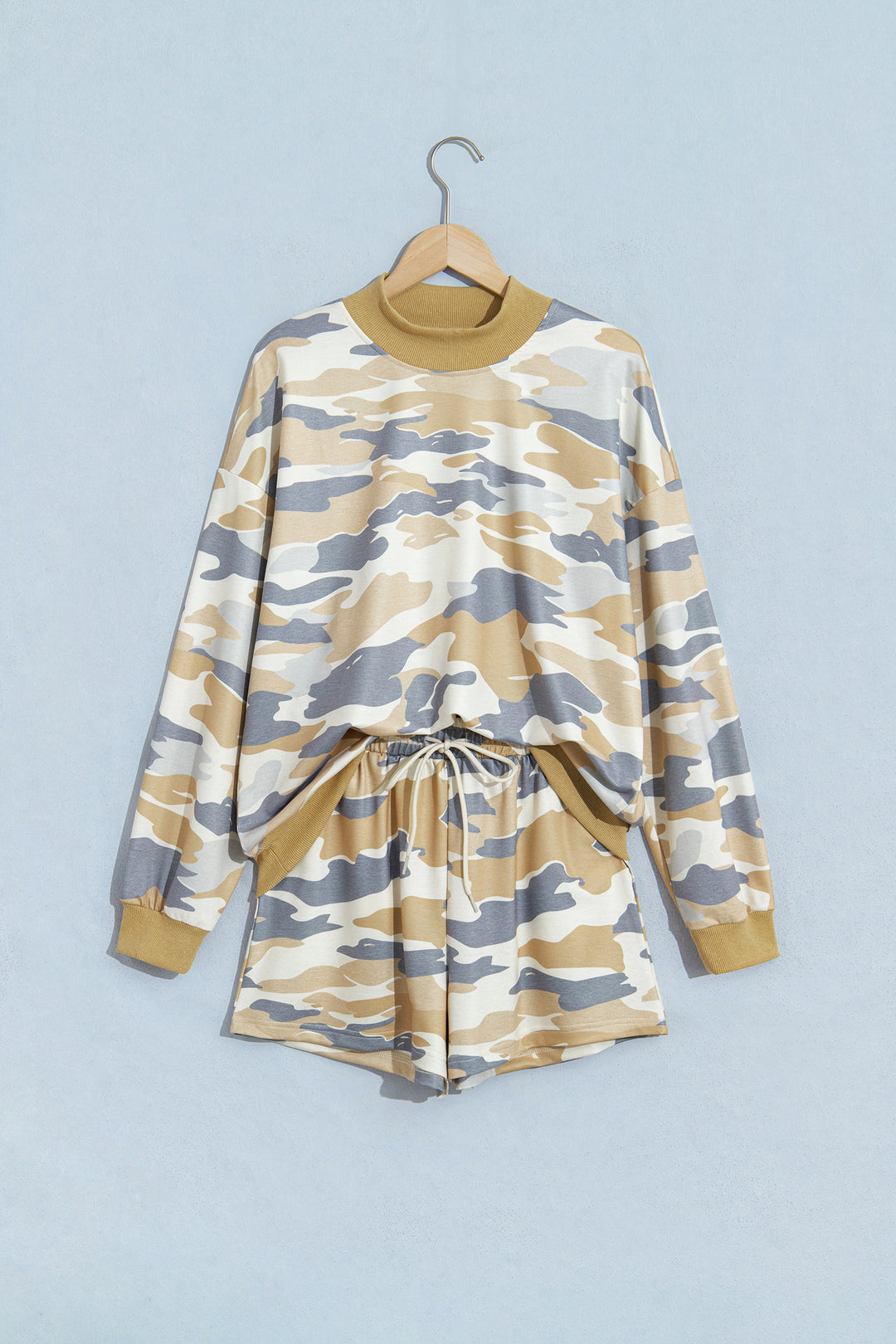 Multicolour Camouflage Print Long Sleeve Top Drawstring Shorts Set