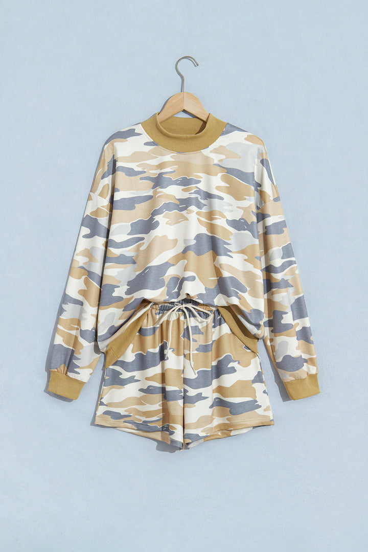 Multicolour Camouflage Print Long Sleeve Top Drawstring Shorts Set
