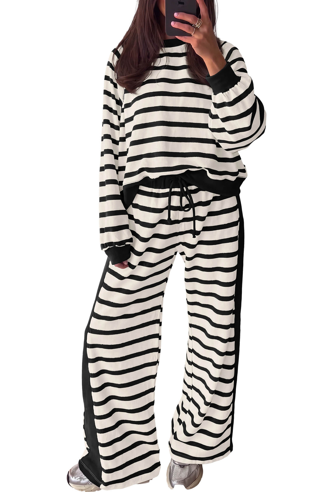 Beige Stripe Relaxed Long Sleeve Top Color Block Detail Drawstring Pant Set