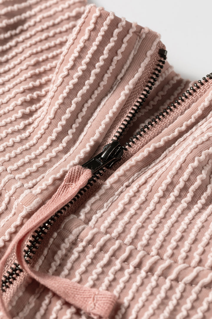 Oatmeal Twist Ribbed Zipper Collar Drop Shoulder Long Sleeve Top