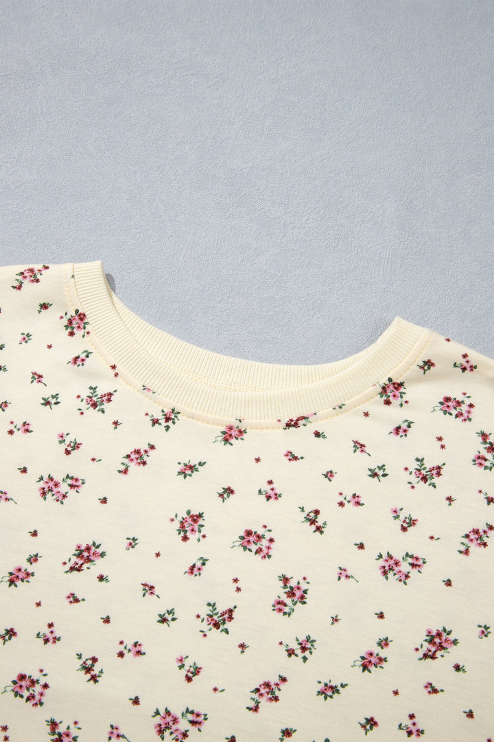 Beige Floral Print Colorblock Cuffs Hem Plus Size Blouse