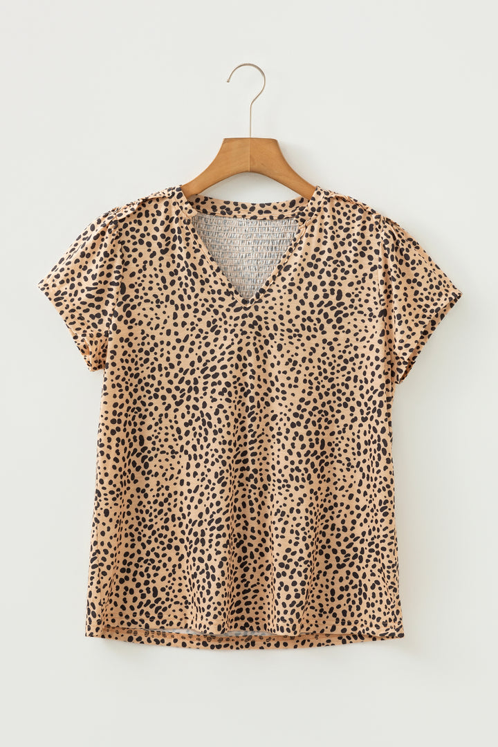 Apricot Cheeath Print Frilled V Neck Shirred Detail Short Sleeve Blouse