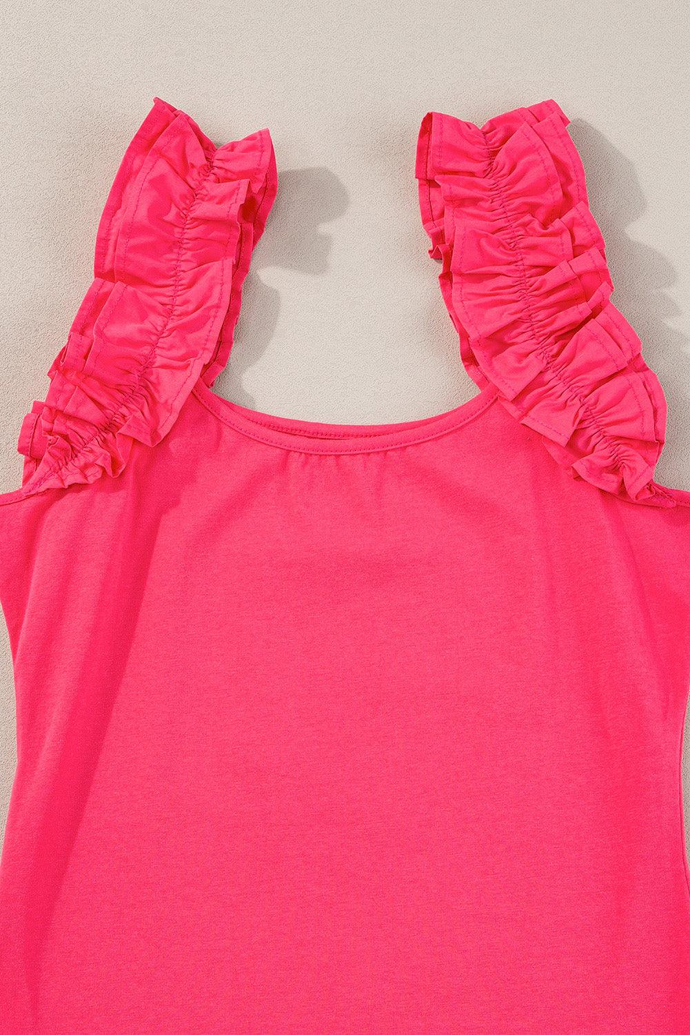 Strawberry Pink Ruffled Wide Straps Slim Tank Top