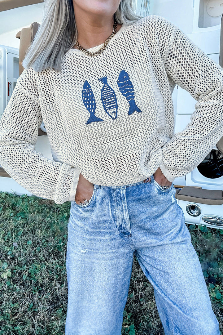 White Open Knit Fish Embroidered Casual Sweater