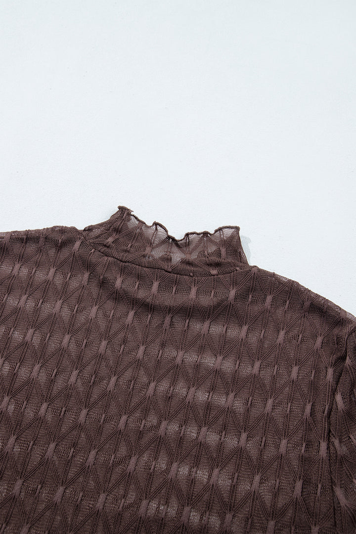 Chicory Coffee Sheer Textured Lace Stand Neck Long Sleeve Top