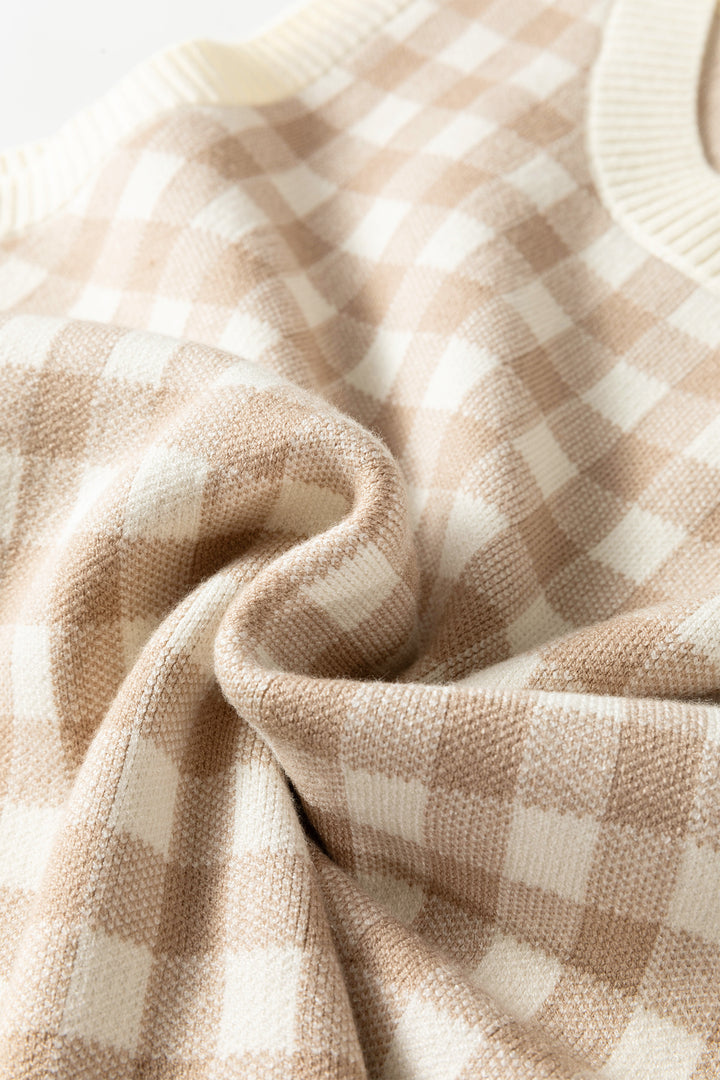 Khaki Gingham Plaid Knit Detachable Shawl Wrap Sweater Tank Top