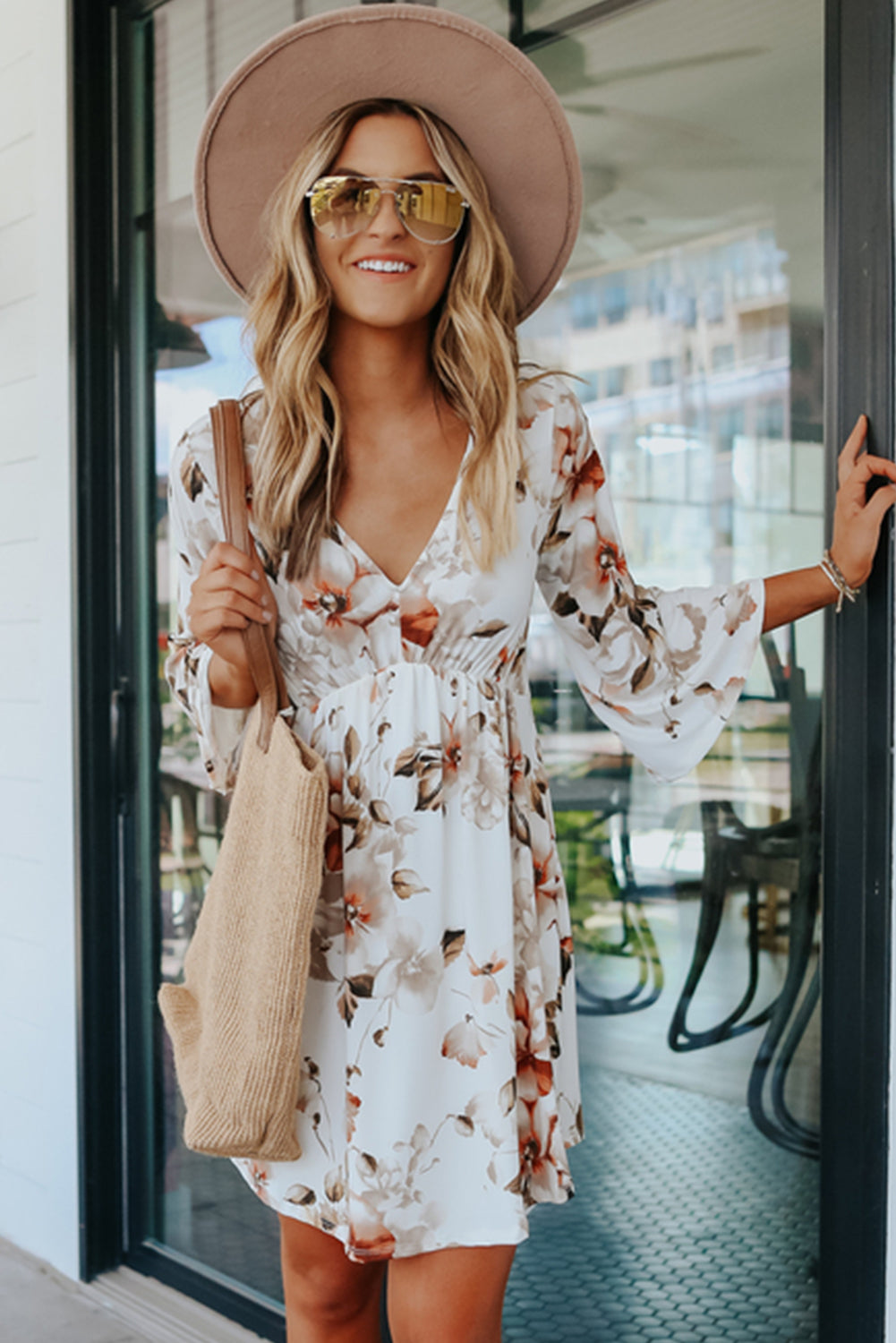 White V Neck 3/4 Sleeve Floral Dress