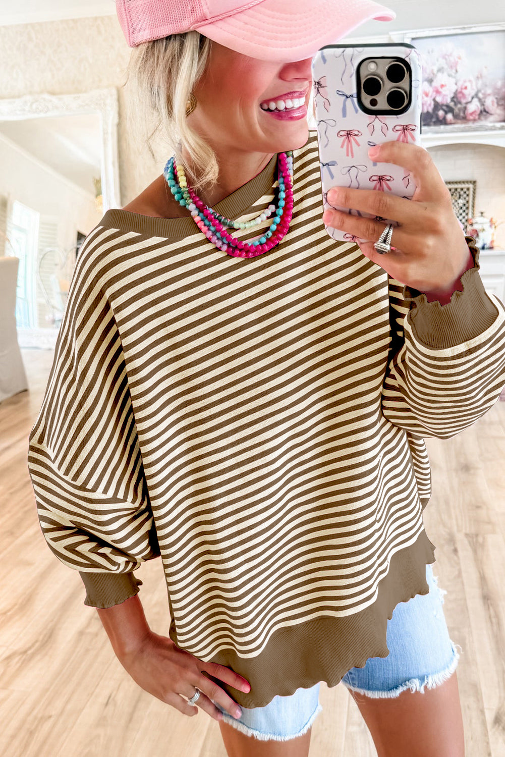 Green Stripe Loose Drop Shoulder Long Sleeve Top