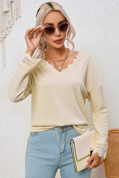 Apricot Ribbed Texture Lace Trim V Neck Long Sleeve Top