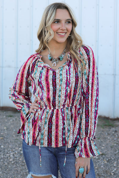 Multicolour Western Aztec Split Neck Peplum Blouse