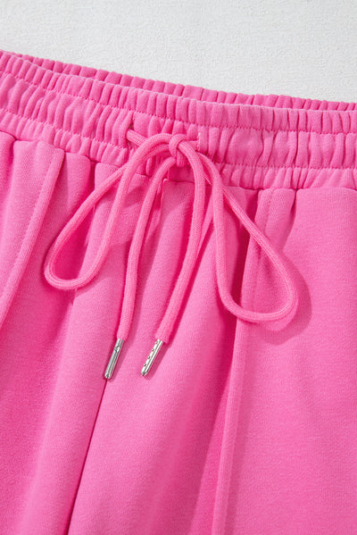 Bright Pink Solid Seamed Zipper Jacket and Drawstring Waist Pants Set