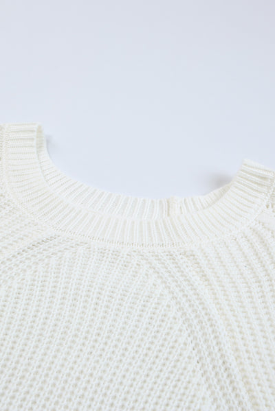 White Hollow-out Puffy Sleeve Knit Sweater