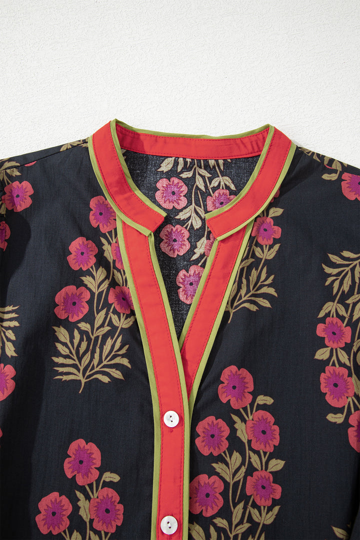 Black Retro Floral Print Button Down Belted Short Puff Sleeve Mini Dress